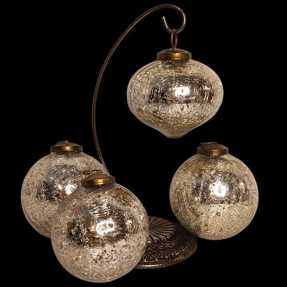 Large Silver Crackle Glass Gold Flakes Christmas Ornaments Kugel Style Set Of 4 - Picture 1 of 6